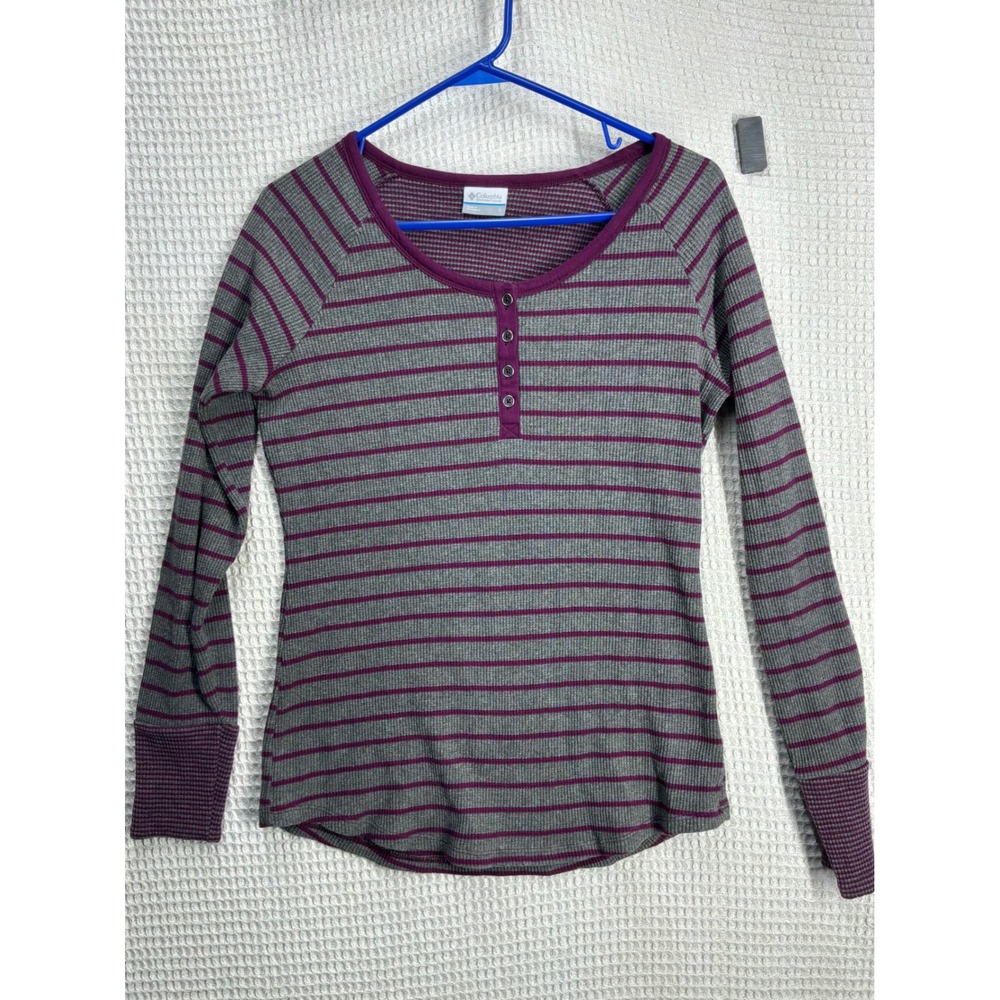 Gorpcore Womens Columbia Henley Top L Grey Purple Striped Waffle Knit Thermal